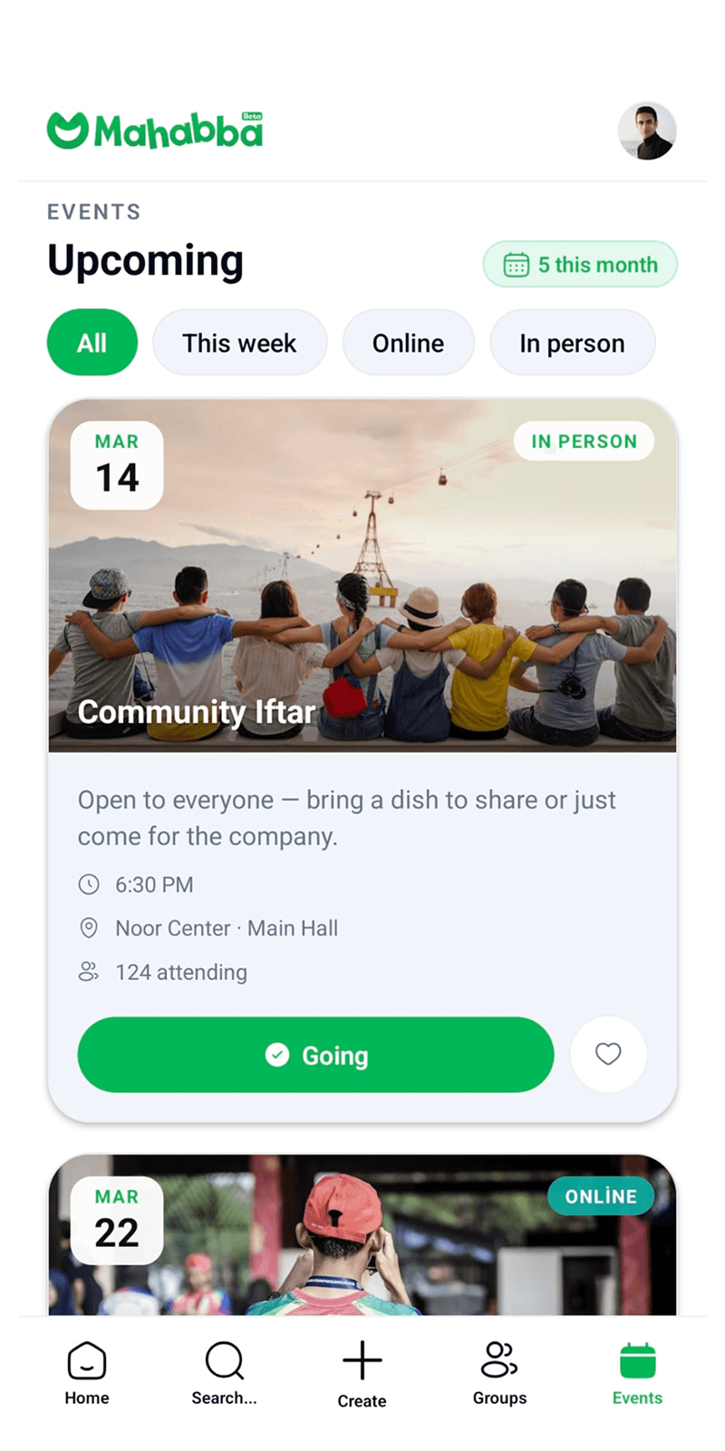 Mahabba events screen — upcoming events list